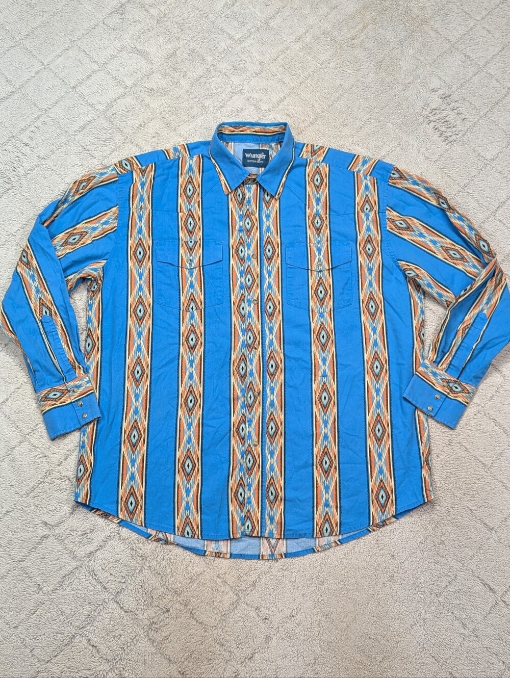 Vtg Wrangler Shirt Mens XL Blue Aztec  Western Pearl Snap Brushpopper Cowboy